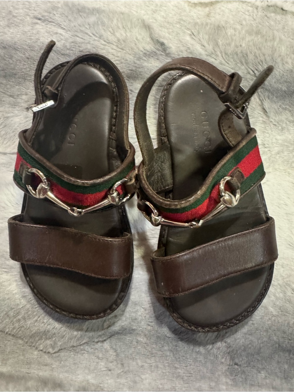 Gucci Brown Leather Kids Sandals with Red-Green Web and Silver Horsebit